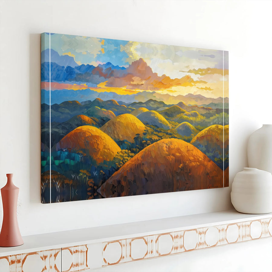 Chocolate Hills Landscape Canvas Art | Impressionist Sunset Wall Decor | Premium 1.25" Gallery Wrap | Philippines Travel Gift