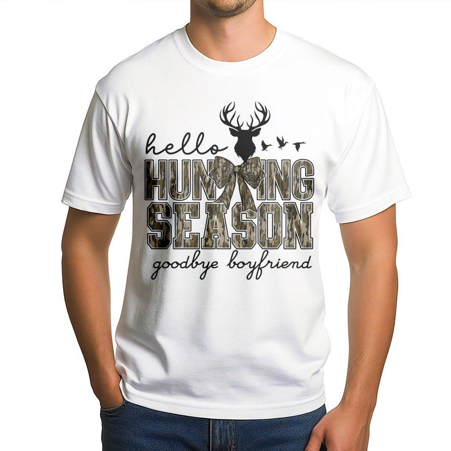 Hello Hunting Season Goodbye Boyfriend T-Shirt | Camo Deer Antler Graphic | Premium 100% Cotton | Funny Fall Gift for Women & Hunter Girls