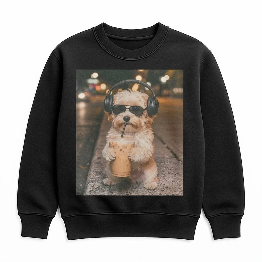 Funny Havanese Sweatshirt | Dog with Headphones Drinking Coffee Meme | Soft Cotton Graphic Tee | Gift for Dog Mom Lover