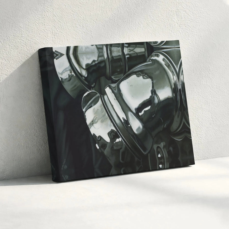 Abstract Chrome Engine Canvas Print | Modern Industrial Black and White Wall Art | Gallery Quality 1.25 Inch Profile | Sophisticated Home Decor Gift