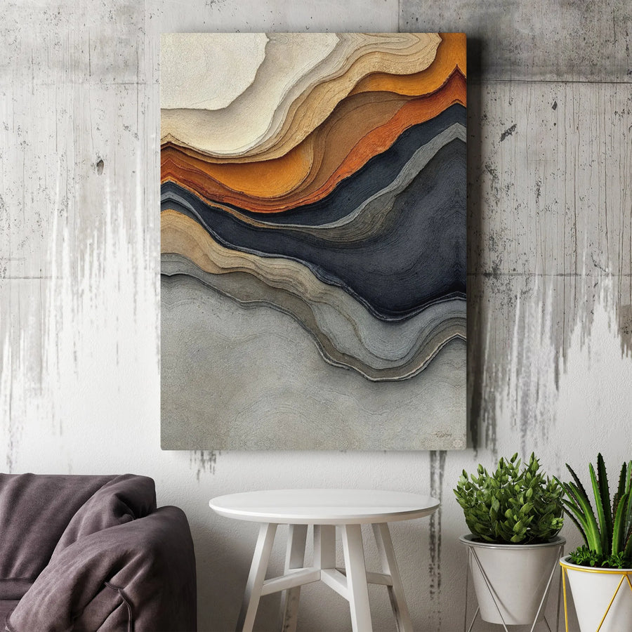 Abstract Earth Tone Vertical Canvas Art | Modern Textured Topographical Wave Print, 3D Layered Stone Visual Effect | Premium Frameless Gallery Wrap | Minimalist Living Room Wall Decor Gift