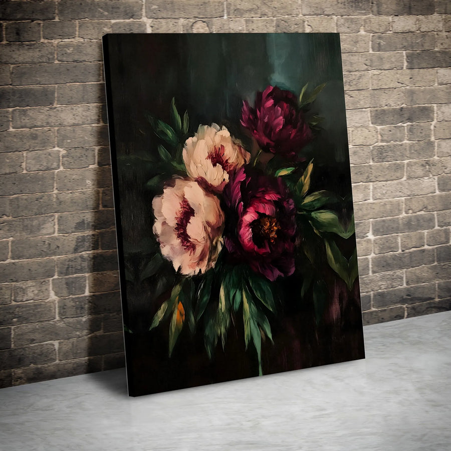 Dark Peony Canvas Print | Vintage Botanical Oil Painting Print | Premium Gallery Wrap Canvas | Moody Home Decor Gift