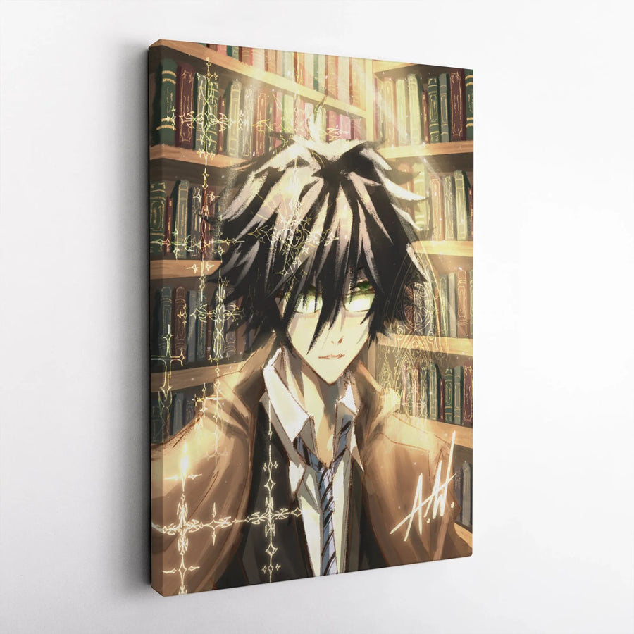 Anime Boy Library Canvas Art | Fantasy Scholar With Magical Runes | Premium 1.25-Inch Gallery Wrap | Wall Decor Gift For Otaku Fans