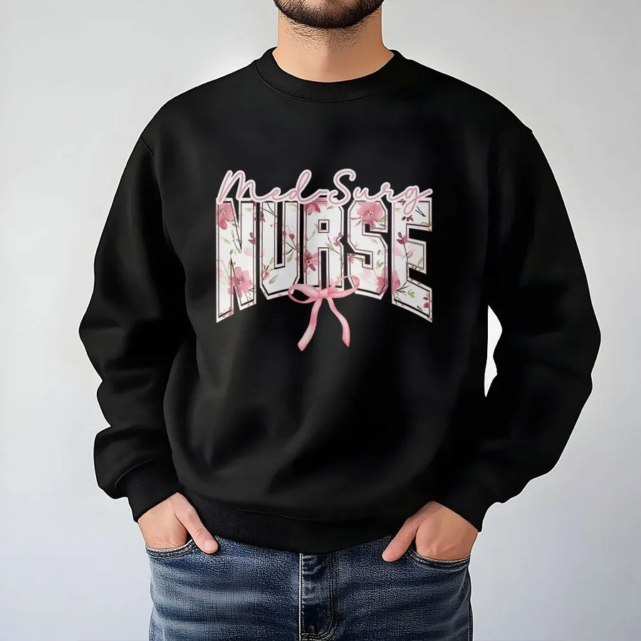 Med Surg Nurse Sweatshirt | Aesthetic Floral Bow Graphic | Soft Cotton Tee | Nurse Graduation Gift for Medical Student