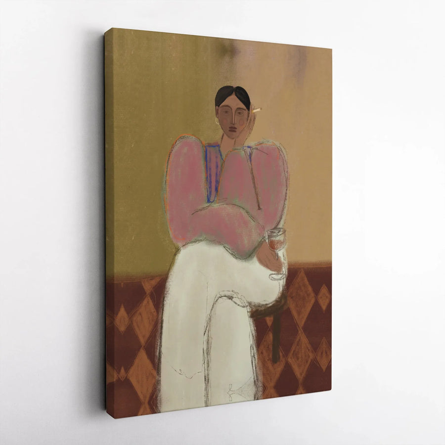 Modern Woman Portrait Canvas Wall Art | Figurative Sketch Print of Woman Smoking & Drinking Wine | Premium High-Resolution Canvas | Unique Modern Home Decor Gift