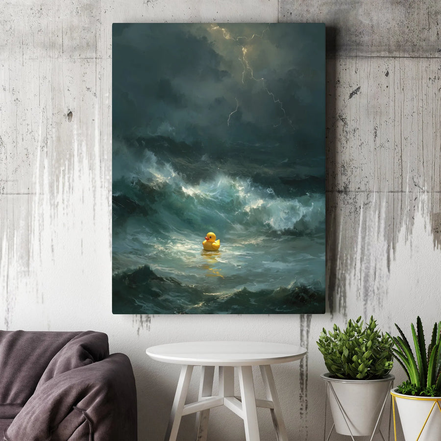 Rubber Duck Canvas Wall Art | Stormy Sea Lightning Aesthetic Print | Premium Gallery Wrap Decor | Quirky Gift for Ocean Lovers