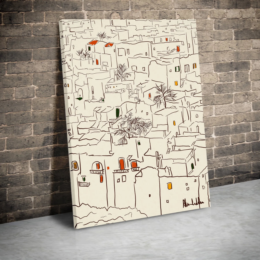 Mediterranean Old City Canvas Wall Art | Minimalist Line Drawing with Palm Trees | Premium Gallery-Wrapped Print | Modern Home Decor Gift