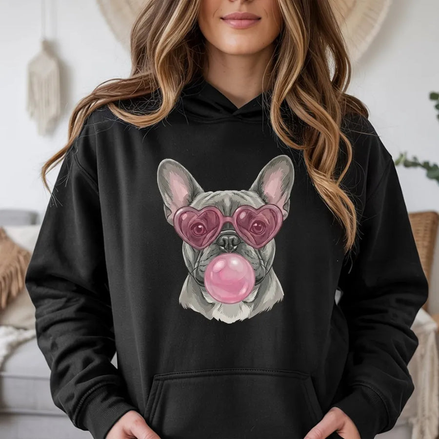 French Bulldog Hoodie | Cute Frenchie With Heart Sunglasses & Bubble Gum Graphic | Premium Cotton Blend | Unisex Gift for Dog Lovers
