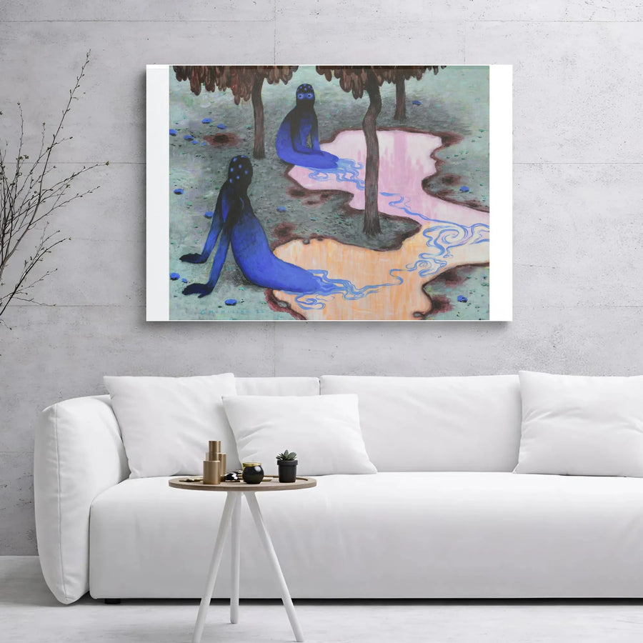 Surreal Blue Figure Canvas Wall Art | Whimsical Abstract River Painting | Premium Gallery Wrap Print | Unique Home Decor for Art Lovers