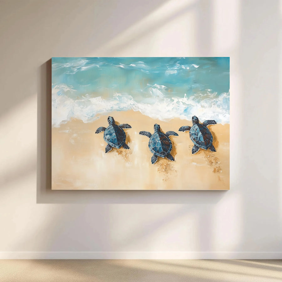 Sea Turtle Canvas Wall Art | Three Turtles on Beach Painting | Premium Gallery Wrapped Canvas | Coastal Home Decor Gift