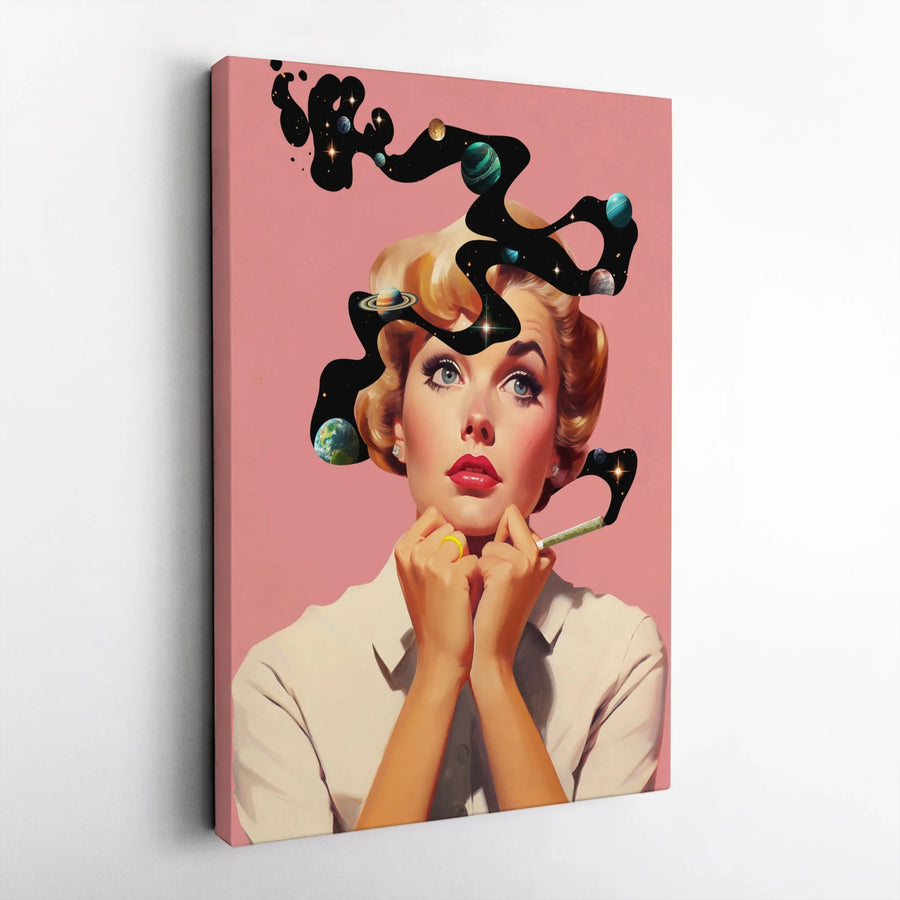 Cosmic Daydream Wall Art | Vintage Pop Art Woman with Galaxy Thoughts | Premium Thick Gallery Canvas | Eclectic Home Decor Gift