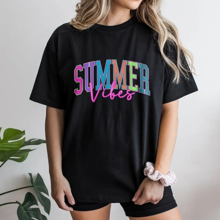 Summer Vibes T-Shirt | Colorful Retro Graphic Pullover | Soft Cotton Blend | Trendy Beach Vacation Gift for Her