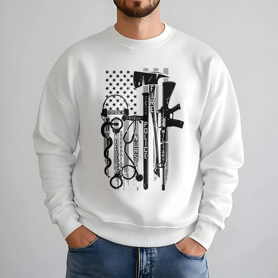 First Responder Flag Sweatshirt | Patriotic Fire Police EMS Military Graphic | Premium Cotton Blend Fleece | Gift for Heroes and Supporters