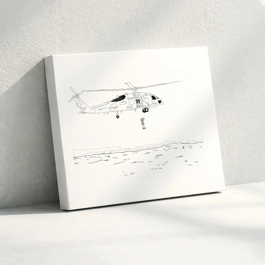 Navy Helicopter Search And Rescue Wall Art | Minimalist Line Drawing Print | Premium Gallery Wrapped Canvas | Military Decor Gift For Pilot