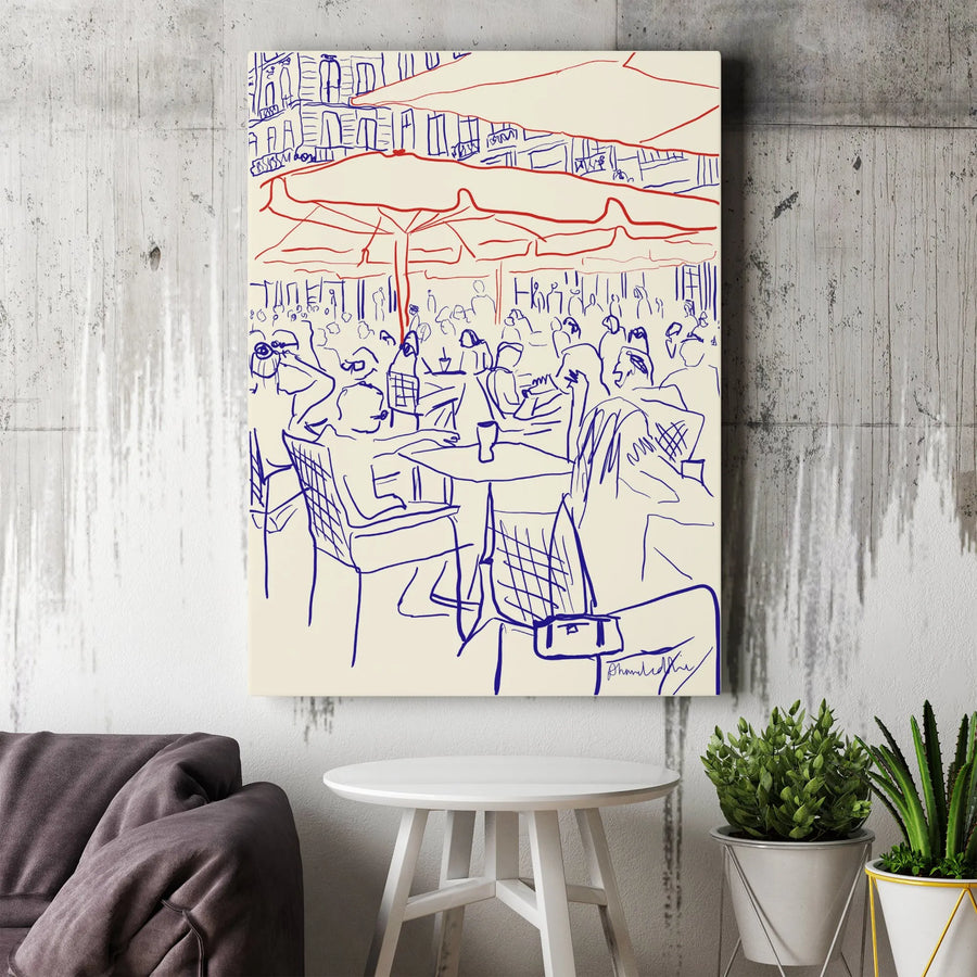 Parisian Cafe Line Art Canvas | French Bistro Sketch Wall Decor | Premium Fade-Resistant Gallery Print | Minimalist Travel Gift for Home Office