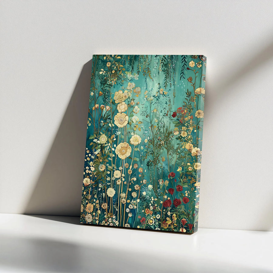 Teal Floral Meadow Canvas Wall Art | Vintage Botanical Garden Print | Premium Gallery Wrap Canvas | Aesthetic Home Decor Gift for Her