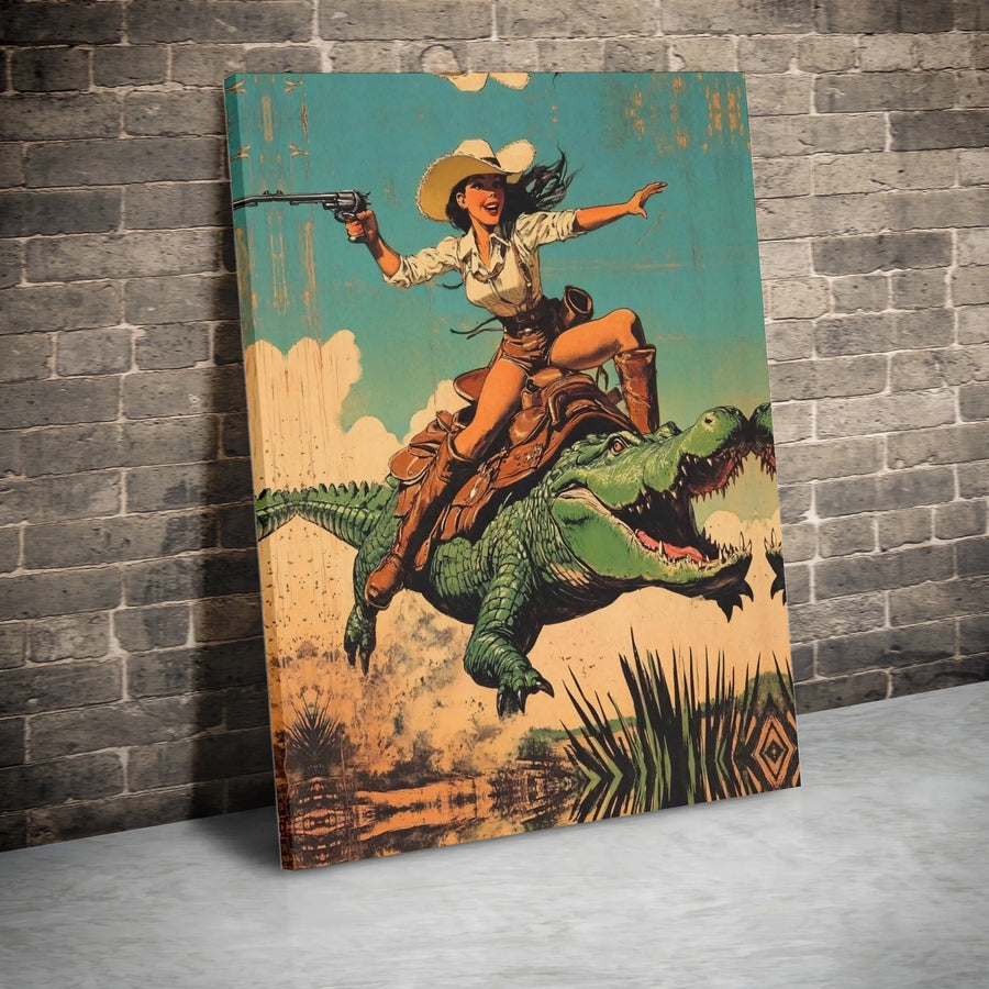 Vintage Cowgirl Riding Alligator Canvas | Retro Western Swamp Wall Art | Premium Gallery Wrapped Print | Unique Southern Home Decor Gift
