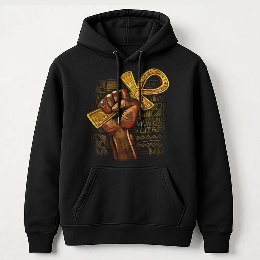 Ankh Symbol Hoodie | Black Power Fist Egyptian Art Graphic | Premium Cotton Blend | Gift for Black History Month and Cultural Pride