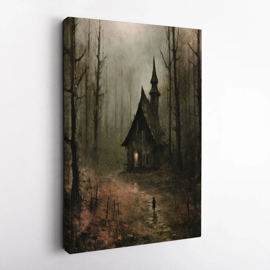 Gothic Haunted Forest Canvas Wall Art | Moody Dark Church Landscape | Premium Gallery-Wrapped Print | Eerie Home Decor Gift