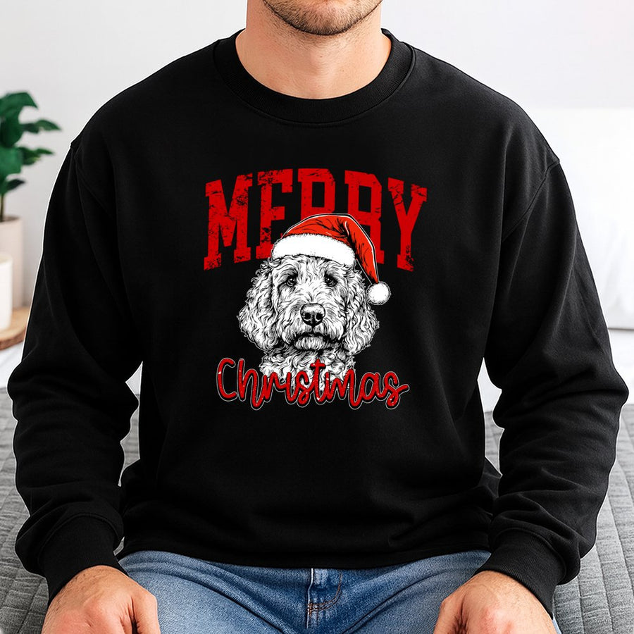 Labradoodle Merry Christmas Sweatshirt | Santa Hat Dog Holiday Design | Premium Cotton Blend Crewneck | Cute Dog Lover Gift for Men & Women