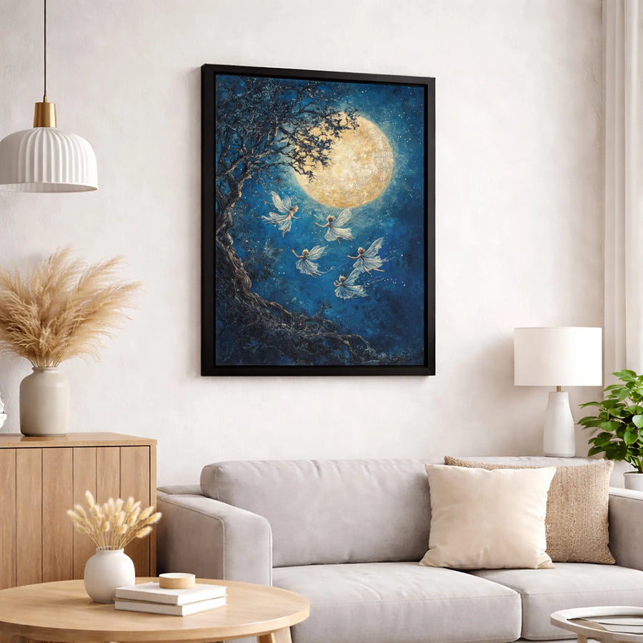 Fairy Wall Art Canvas | Magical Forest Full Moon Night Scene | Premium Fade-Resistant Print | Whimsical Nursery & Home Decor Gift