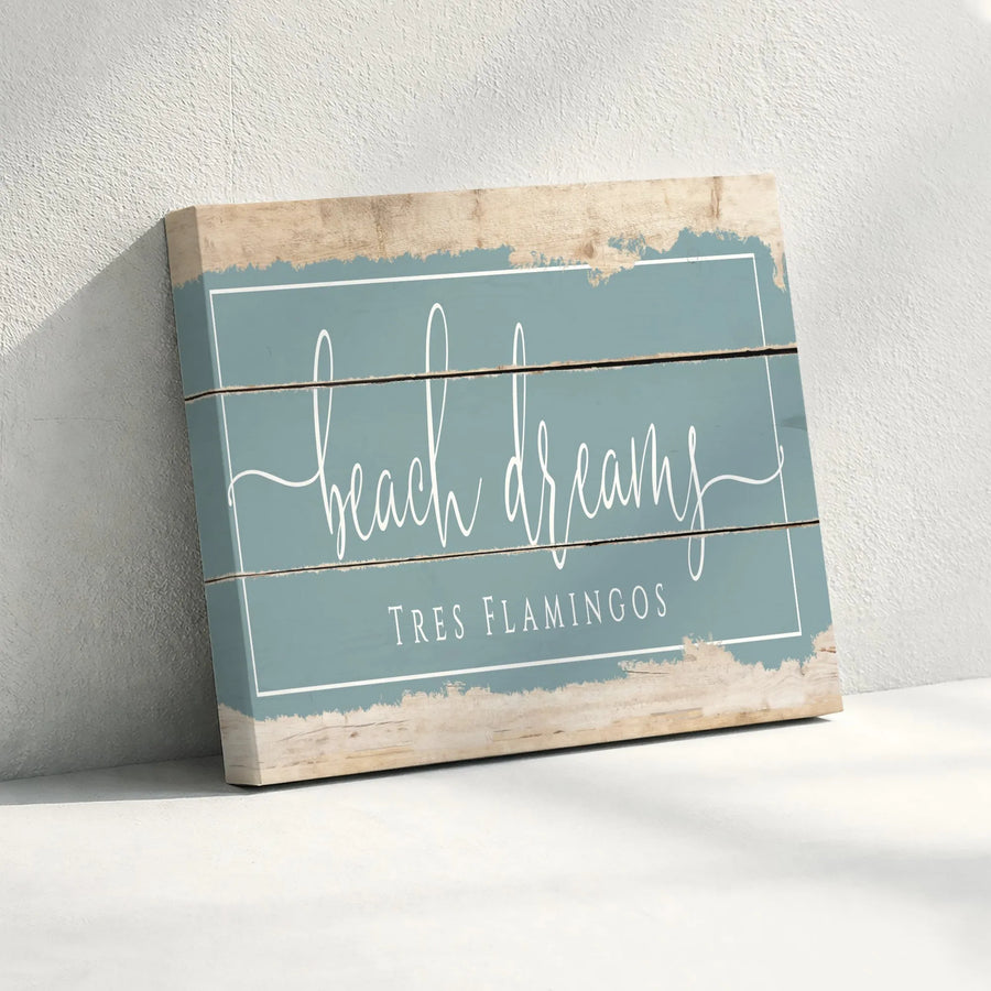 Beach Dreams Canvas Wall Art | Rustic Wood Plank Style Print | Premium Gallery Wrapped Canvas | Coastal Farmhouse Living Room Decor Gift