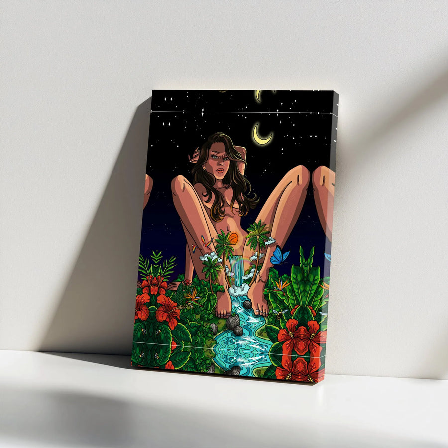 Surreal Nature Goddess Wall Art | Tropical Waterfall & Starry Night Sky | Premium Thick Gallery Wrap Canvas Print | Gift for Spiritual Art Collector