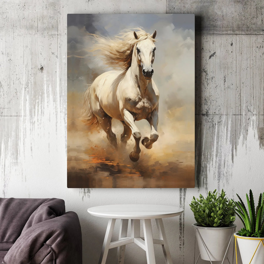 Galloping White Horse Canvas Wall Art | Dynamic Equestrian Oil Painting Style | Premium 1.25" Gallery Wrap | Wildlife Home Decor Gift for Horse Lovers