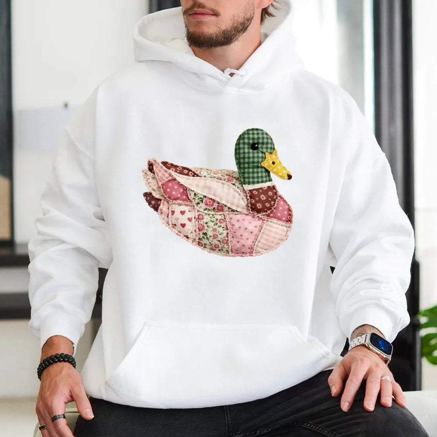 Quilted Mallard Duck Hoodie | Patchwork Cottagecore Animal Print | Premium Cotton Blend Sweatshirt | Cozy Nature Lover Gift