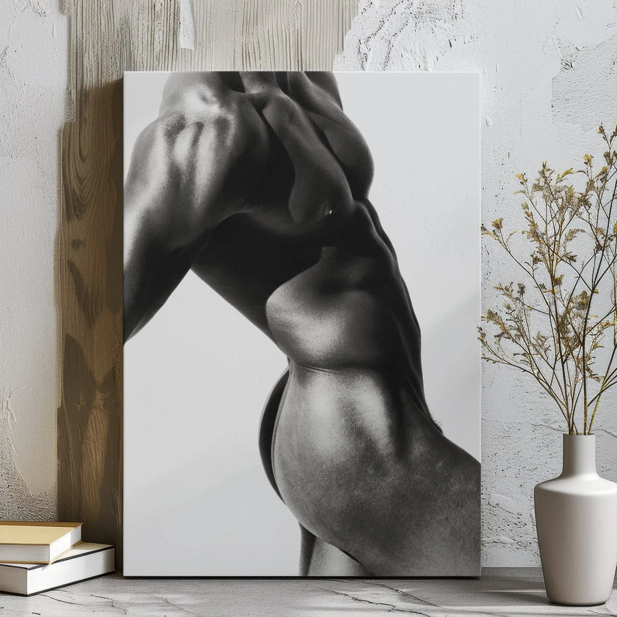 Muscular Male Torso Canvas Print | Black and White Fitness Bodybuilding Photography | Premium 1.25 Inch Gallery Wrap | Modern Home Gym Decor