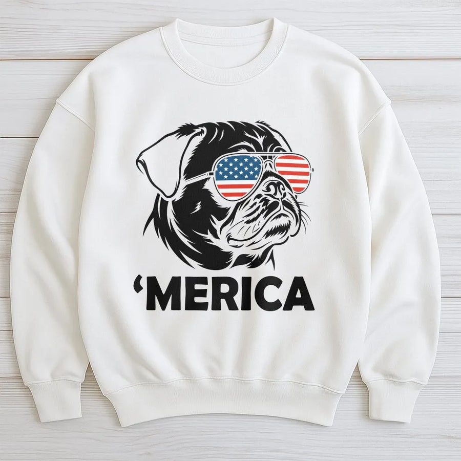 Funny 4th of July Pug Sweatshirt | 'Merica Dog with Sunglasses | Premium Soft Cotton Blend | Patriotic Gift for Pug Owner