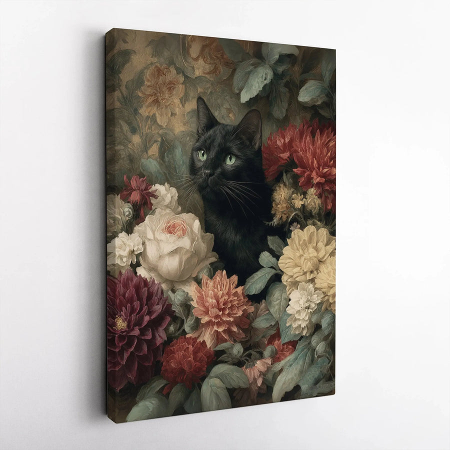 Black Cat Wall Art Canvas | Vintage Floral Garden Oil Painting | Premium Gallery Wrapped Decor | Gift for Cat Lovers and Botanical Art Enthusiasts