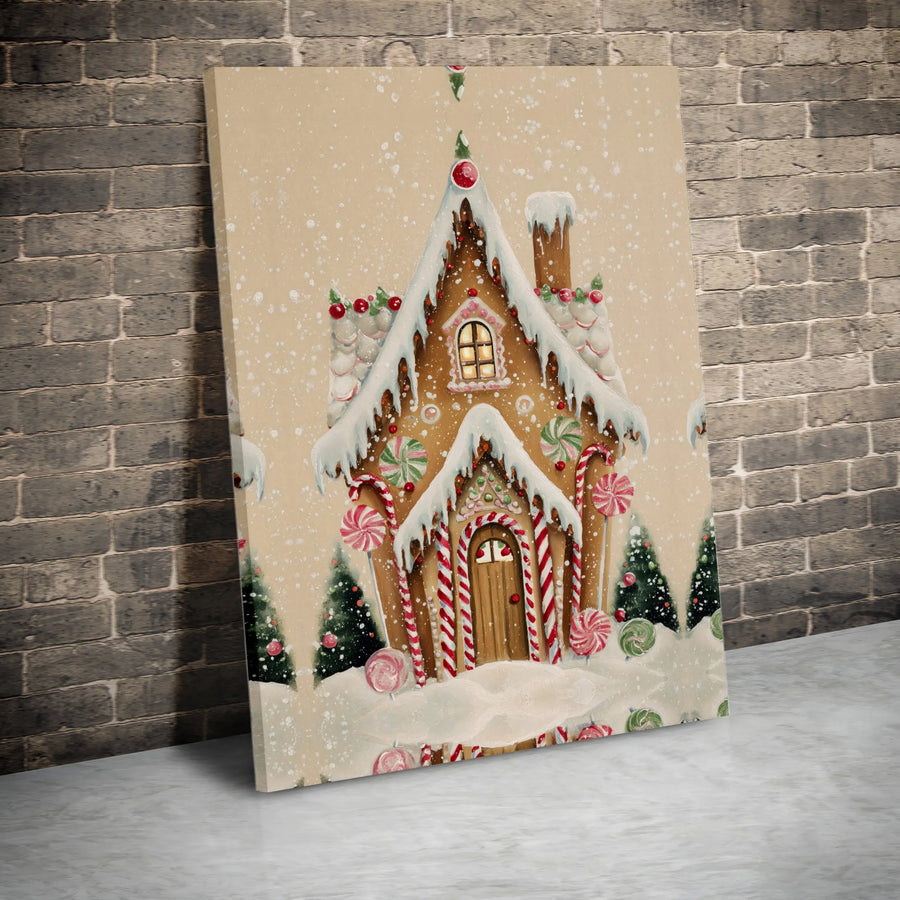 Gingerbread House Canvas Wall Art | Whimsical Candy Cane Winter Wonderland | Premium Gallery Wrapped Decor | Festive Holiday Home Gift