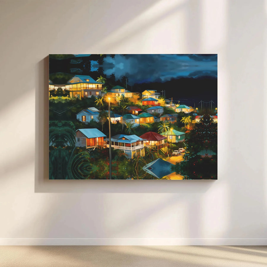 Tropical Hillside Village Canvas Print | Nighttime Island Landscape Wall Art | Premium Gallery Wrap Decor | Ready To Hang Gift For Travelers