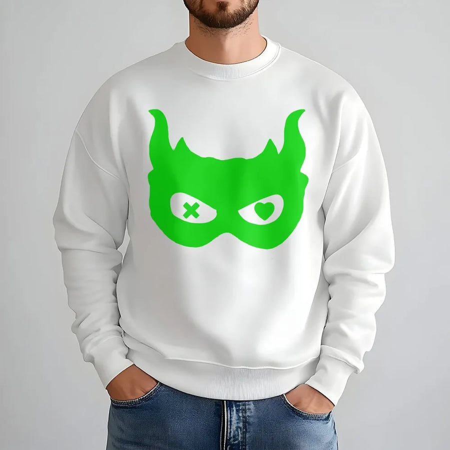 Devil Mask Graphic Sweatshirt | Heart and X Eyes Neon Print | Soft Cotton T-Shirt | Unique Unisex Streetwear Gift