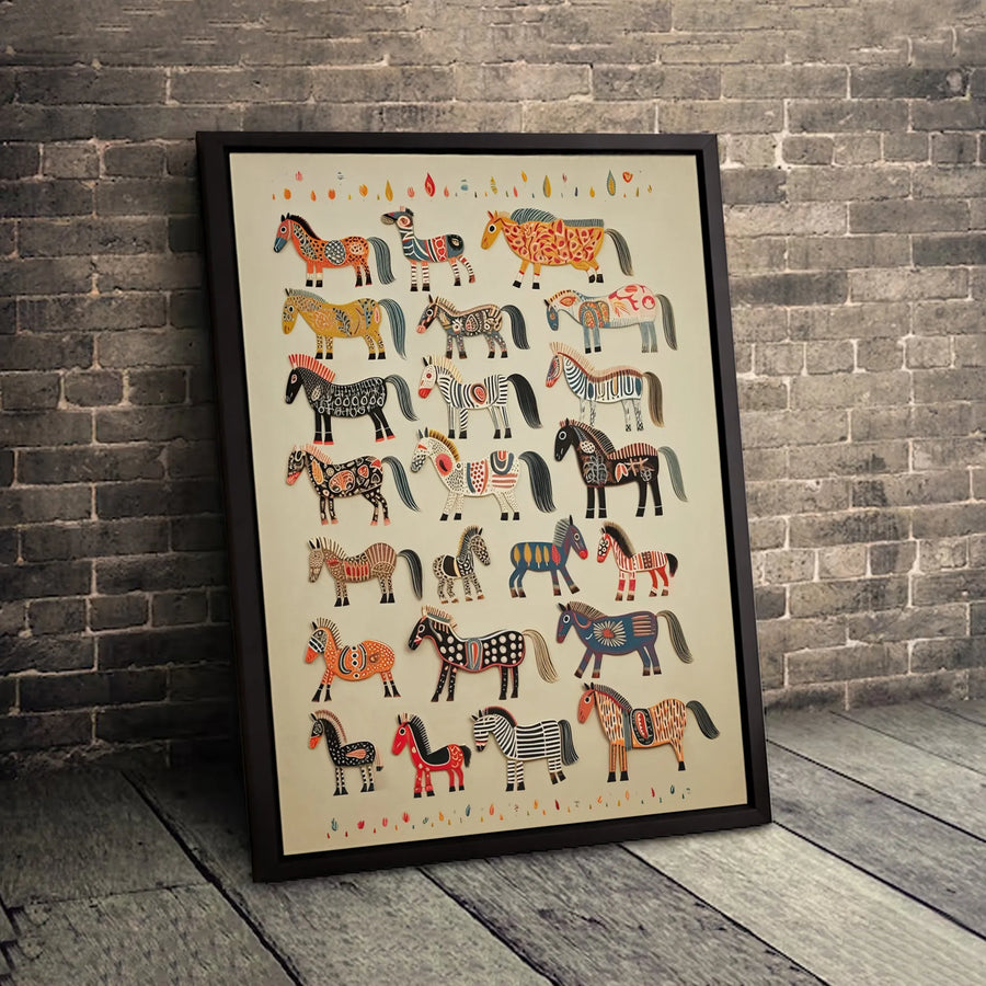 Folk Art Horse Wall Art | Colorful Tribal Equine Print | Premium Gallery Wrapped Canvas | Bohemian Home Decor Gift