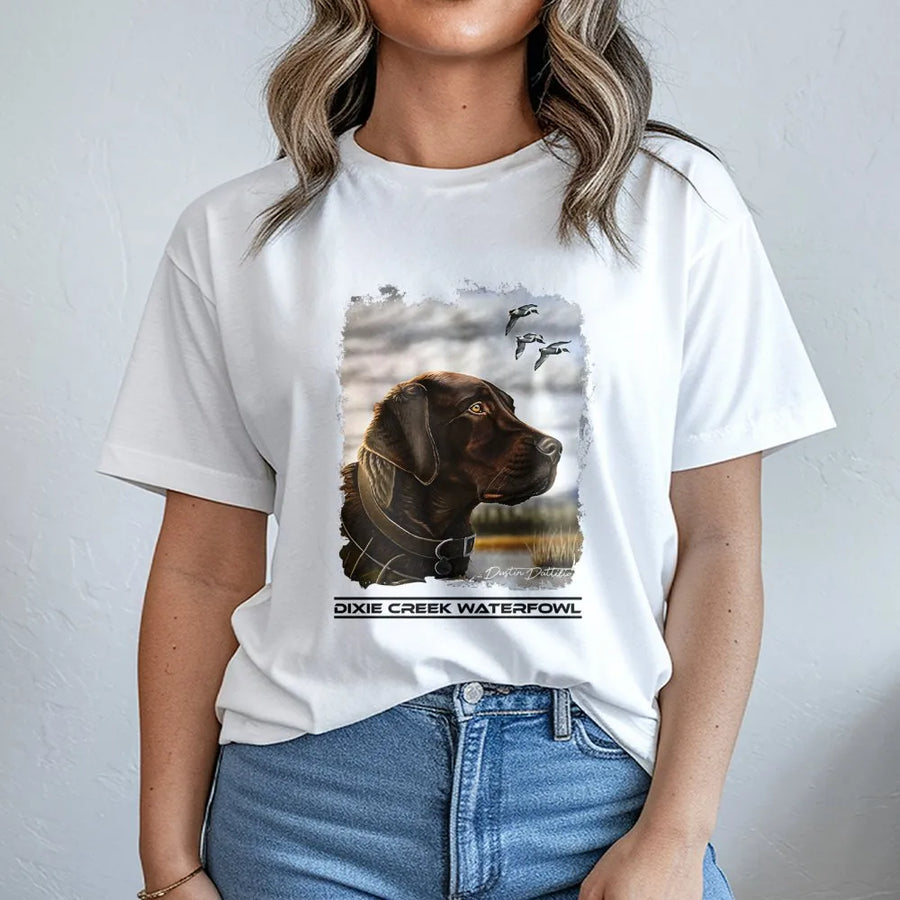 Chocolate Labrador Hunting T-Shirt | Duck Dog Retriever Graphic | Premium Soft Cotton Tee | Outdoorsman Wildlife Gift For Men And Women