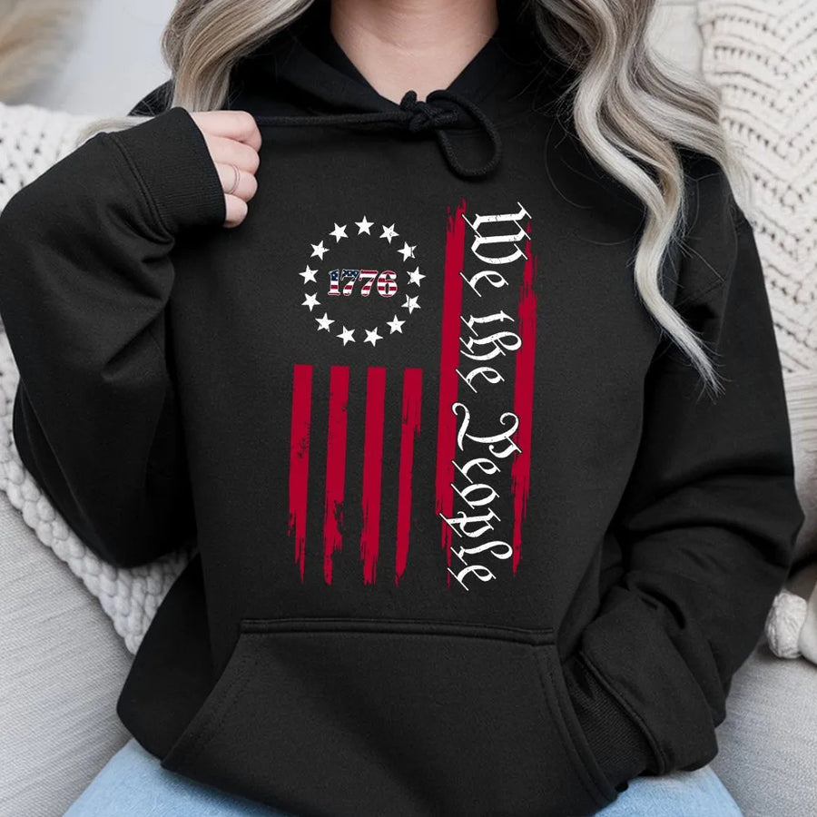 We The People 1776 Hoodie | Vintage Distressed Vertical USA Flag | Premium Cotton Blend | Patriotic 4th of July Gift for Men
