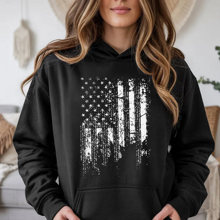 Distressed American Flag Hoodie | Grunge USA Patriotic Graphic | Premium Cotton-Poly Blend | Veteran & Freedom Lover Gift