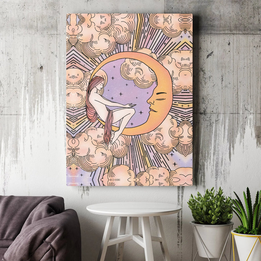 Celestial Moon Canvas Print | Boho Crescent Moon Goddess Illustration | Premium Gallery Wrapped Canvas | Spiritual Home Decor Gift