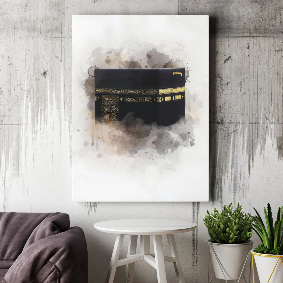 Kaaba Mecca Canvas Wall Art | Watercolor Splatter Islamic Decor | Premium Gallery Wrap Print | Spiritual Home Office Gift for Muslim Decor