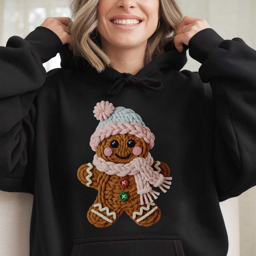 Cute Gingerbread Man Hoodie | Knitted Yarn Texture Graphic | Premium Cotton-Blend Pullover | Cozy Christmas Gift for Women and Men