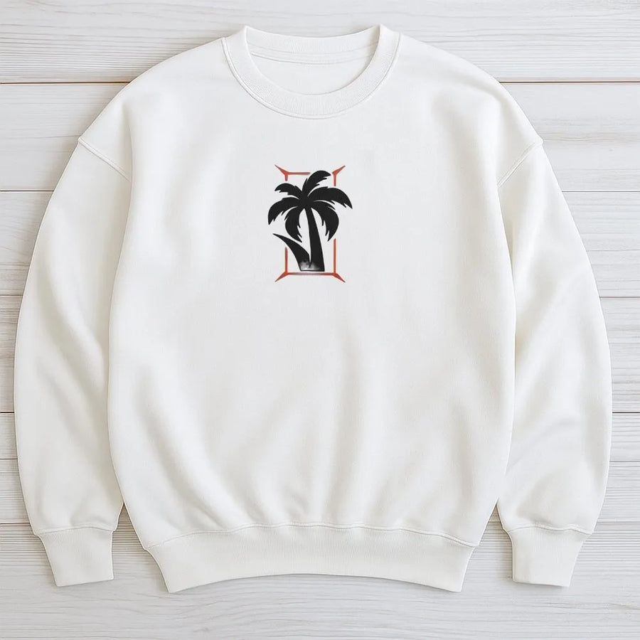 Palm Tree Sweatshirt | Minimalist Tropical Graphic with Geometric Frame | Soft 100% Cotton | Unisex Summer Vacation Gift