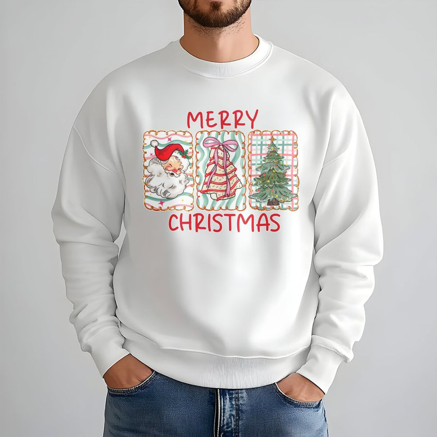 Merry Christmas Sweatshirt | Retro Santa & Tree Graphic | Premium Cotton Blend | Cozy Holiday Gift for Women & Men