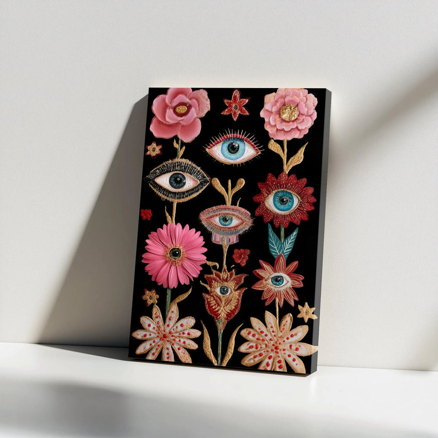 Surreal Eye Flower Canvas Wall Art | Psychedelic Botanical Print with Gold Accents | Premium Fade-Resistant Canvas | Eclectic Gothic Home Decor Gift