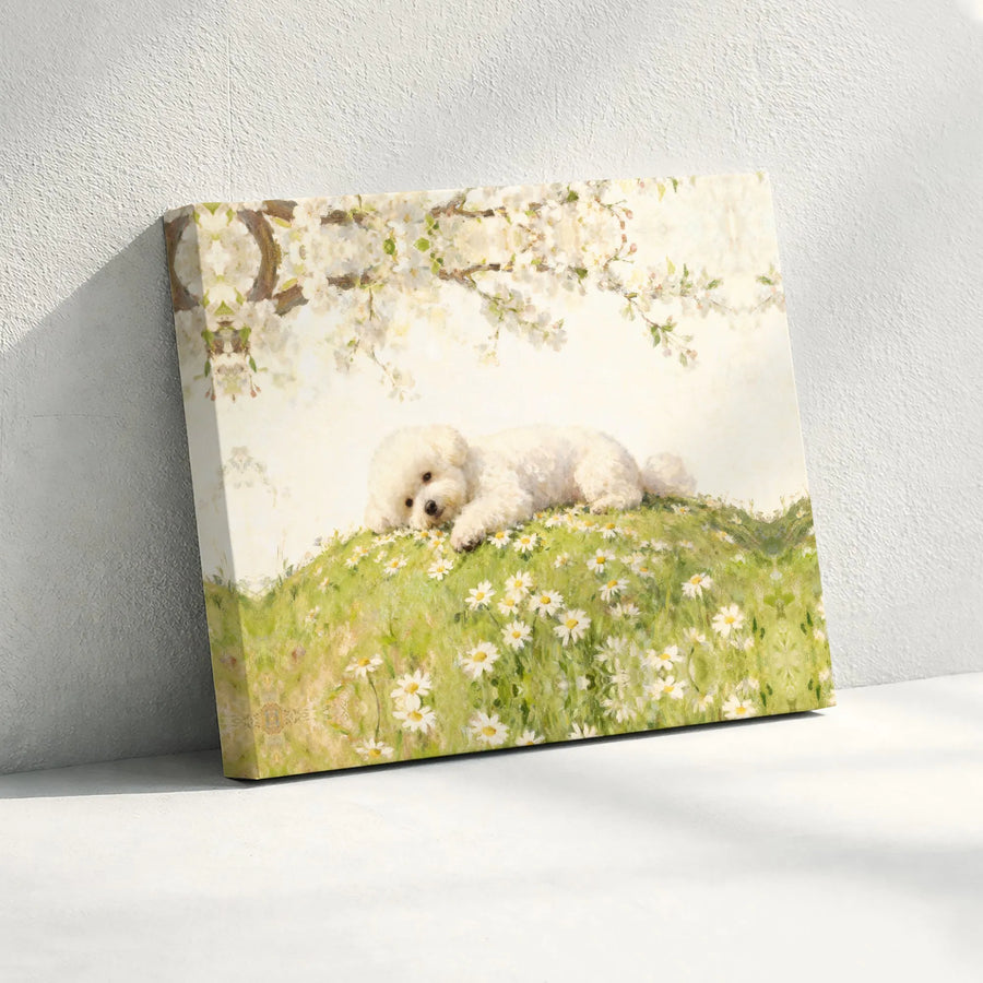 Bichon Frise Canvas Wall Art | Puppy in Daisy Meadow Painting | Premium Gallery Print | Gift for Dog Lover, Nursery Home Decor