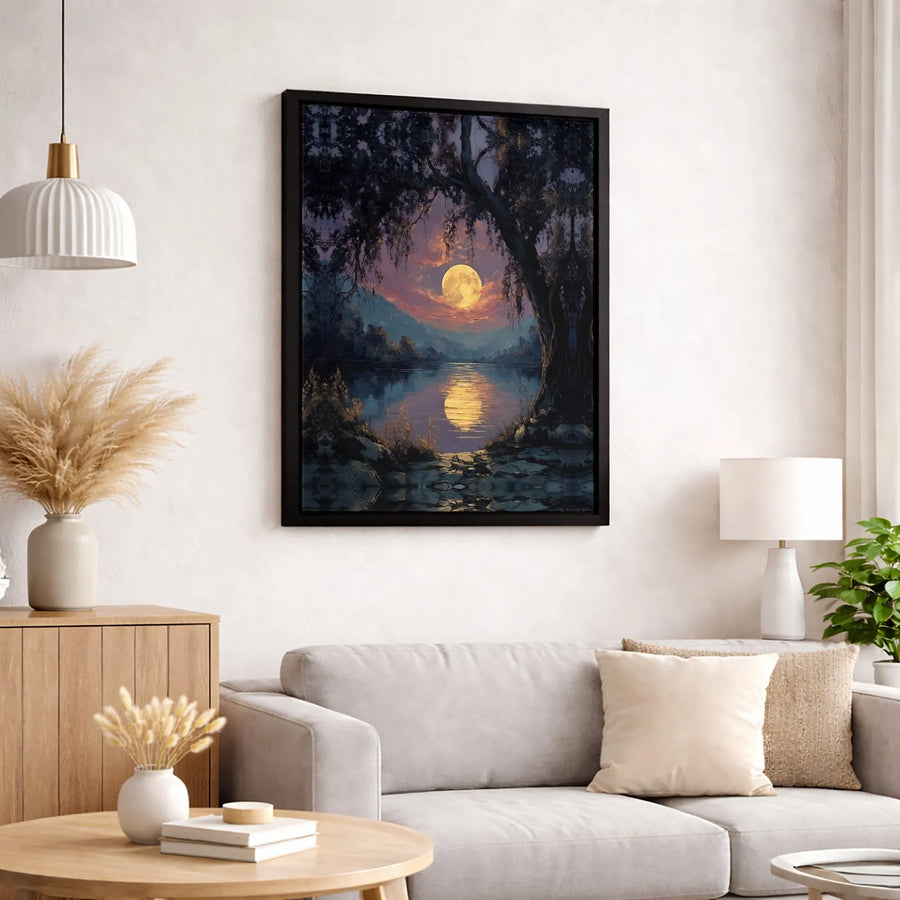Full Moon Landscape Canvas Art | Mountain Lake Sunset Wall Decor | Premium 1.25-Inch Framed Print | Nature Lover Gift for Home Office