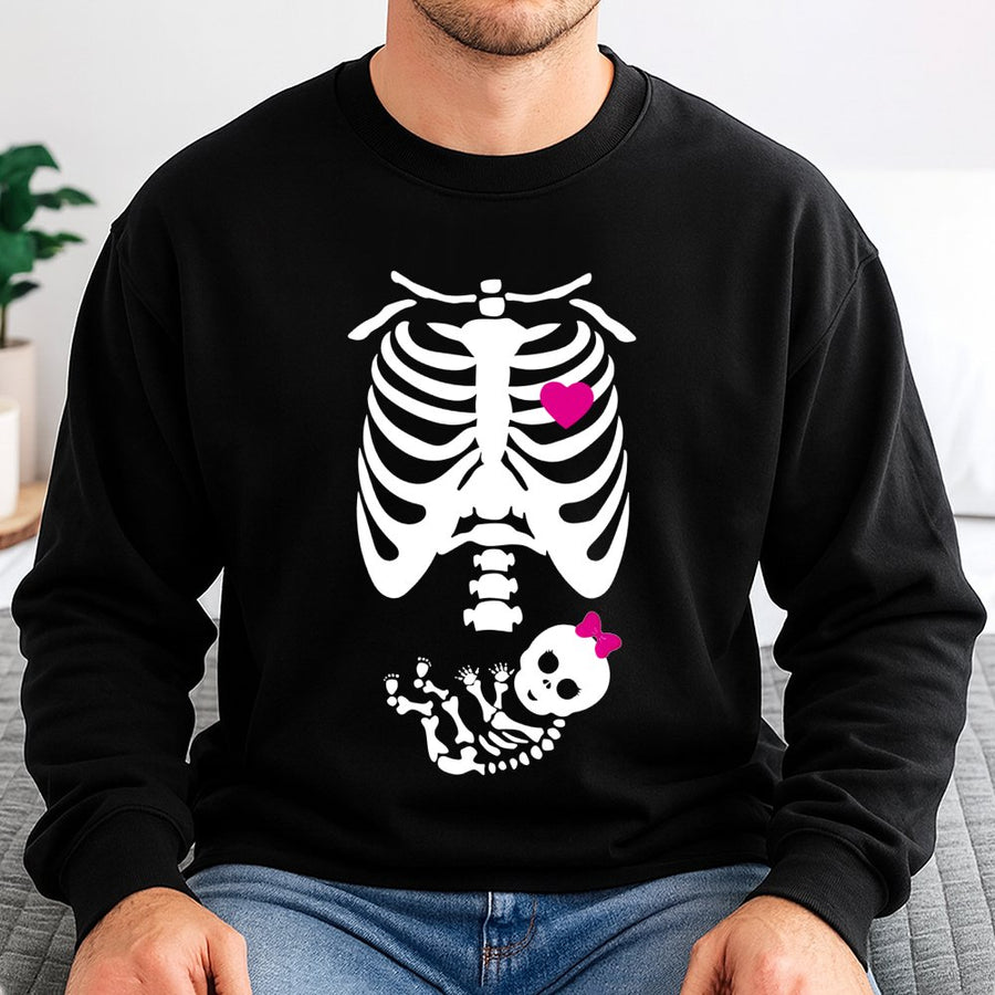 Pregnant Skeleton Sweatshirt | Baby Girl Skeleton Graphic | Premium Cotton Blend | Funny Halloween Maternity Shirt Gift for Expecting Mom