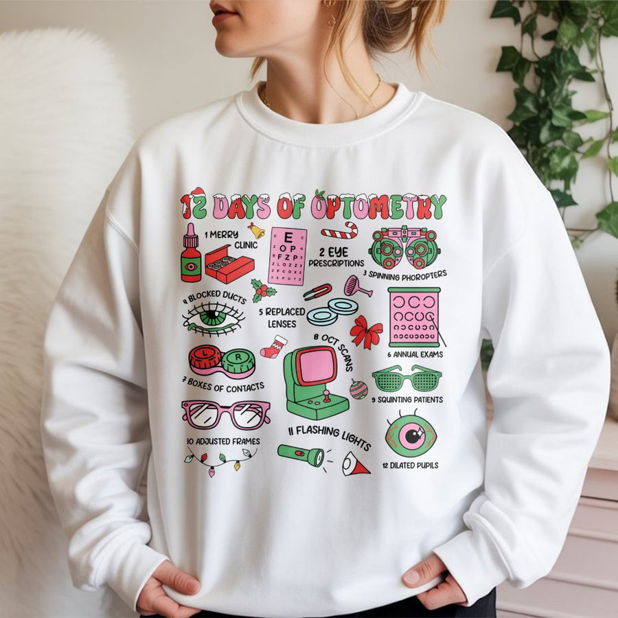 12 Days Of Optometry Sweatshirt | Funny Eye Doctor Christmas Graphic | Soft Cotton-Blend Crewneck | Gift For Opticians Ophthalmologist Students