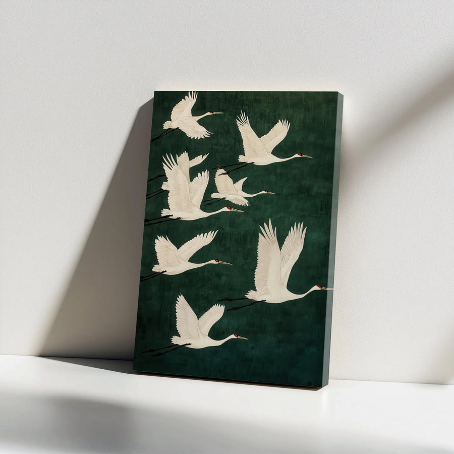 Japanese Crane Wall Art | Flying White Bird Canvas Print | Premium Gallery Wrap Decor | Nature Inspired Zen Home Office Gift
